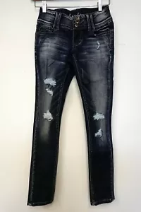 Junior Stretch denim skinny Jeans Dark vintage Ripped Denim wash Size 3 #AJ-009 - Picture 1 of 4