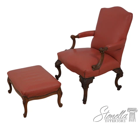 60773EC: French Louis XV Style Carved Frame Leather Chair & Ottoman Cover