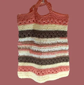 Crochet Tote Bag Purse Handmade Striped Brown Pink Beige - Picture 1 of 12