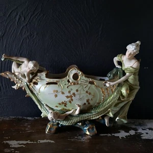 Antique Porcelain Figural Centerpiece Woman and Children with Fish Net Planter - Picture 1 of 13