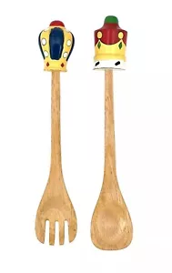 Vintage King & Queen Wood Salad Serving Set Fork And Spoon Hand Painted Wood - Picture 1 of 8