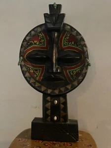 African (Ghana) Wooden Carved Mask and Beads - Picture 1 of 4