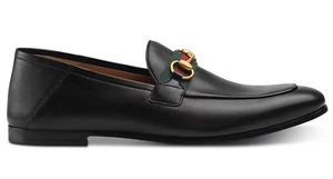 Gucci Brixton Black Leather Web Gold Horsebit Fold Down Loafer Flat G 14 US 15 - Picture 1 of 15