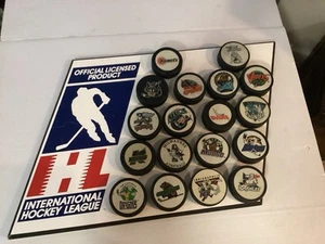 IHL HOCKEY Colección de discos y tablero de exhibición de fábrica 18 discos 17 x 21 - Genial - Imagen 1 de 18