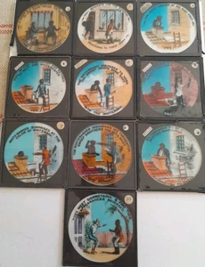 Antique Set 10 Hand Coloured Comic Magic Lantern Slides Sweep & Whitewasher - Picture 1 of 14