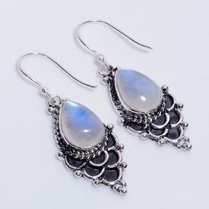 Moonstone Gemstone Vintage Handmade 925 Sterling Silver Earrings 1.9" d569 - Picture 1 of 6