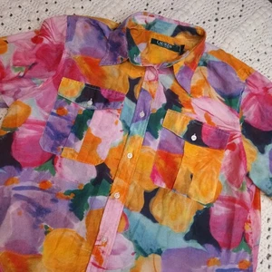 LRL Ralph Lauren Damen L Knopfleiste Blumen Seide Baumwolle Bluse Hemd Aquarelle - Bild 1 von 11