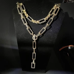 INC 18" Pave CZ goldfarbene klobige Kette Statement Halskette doppellagiges Glied Neu mit Etikett - Bild 1 von 9