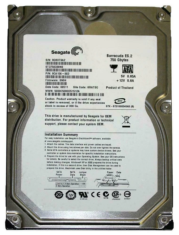 Seagate Barracuda 750GB 7200RPM SATA 3Gbps 3.5" LFF Hard Disk Drive ST3750330NS - Image 1 of 1
