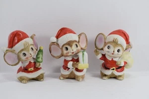Vintage Santa Christmas Mice HOMCO Set of 2 Present Tree Ceramic Figurines 5405 - Picture 1 of 6