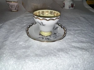 Wunderschöne 1850 EB Foley Bone China Teetasse Untertasse GELB, WEISS, MIT GRAUEN ROSEN - Bild 1 von 9