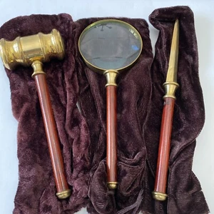 Brass And Wood Magnifying Glass, Gavel Paperweight  & Letter Openner Desk Set - Picture 1 of 16
