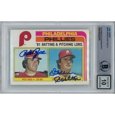 Pete Rose Steve Carlton Autographed 1982 Topps 636 Card 10 Grade Beckett 47030 - Image 1 of 2