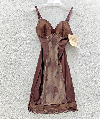Heavenly Shapewear M Brown Full Slip Bra Cup Adj Strap Lace Silky 8595 Control - Image 1 of 4