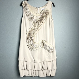 TERI JON Size 6 Neutral Knee Length Tent Dress Ruffled Embellish Disco Flapper - Picture 1 of 13