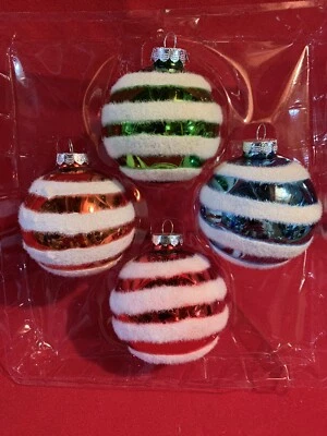 Fuzzy Wuzzy, retro, adornos, bola, juego de caja de 4, vintage, Navidad, vidrio soplado, 2008 Foto 1 de 4