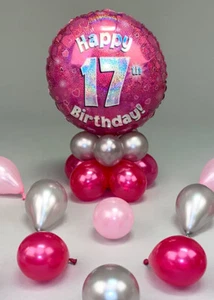 17th Birthday Pink Balloon Centrepiece with Scatter Balloons COMES INFLATED - Picture 1 of 2