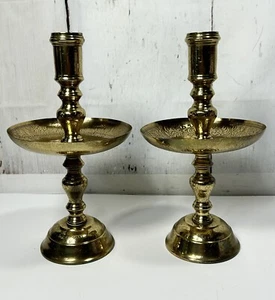 PAIR VTG POLISHED BRASS ALTAR CHURCH PILLAR MID-CENTURY CANDLESTICK W/ DRIP TRAY - Picture 1 of 22