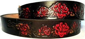 ROSES FLORAL FLOWER EMBOSSED 100% GENUINE COWHIDE LEATHER BELT SIZE 26-48 USA - Picture 1 of 3