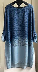Kaktus Shirt Midi Dress Loose Fit Blue Animal Print Roll Tab Sleeves, Size L - Picture 1 of 9