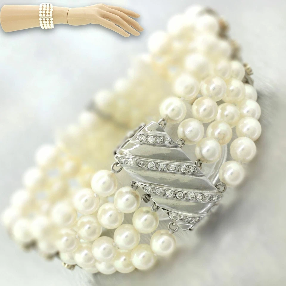 Vintage Natural Pearl and 1.00ctw Diamond Bracelet - 14k White Gold - Size 5.50" - Image 1 of 4