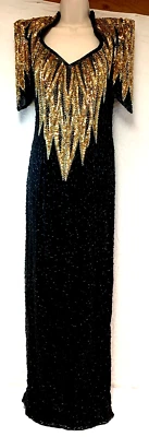 Vintage 80s ALYCE DESIGNS Black Gold Formal Gown Dress Long Sz S Beads & Sequins - Image 1 of 4