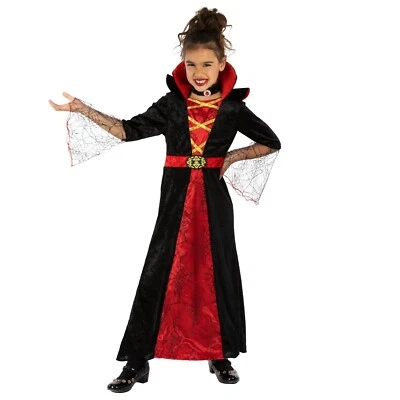 Kids Red Vampire Costume Girls Vampiress Dracula Dress Halloween 3 - 14 yrs - Image 1 of 4