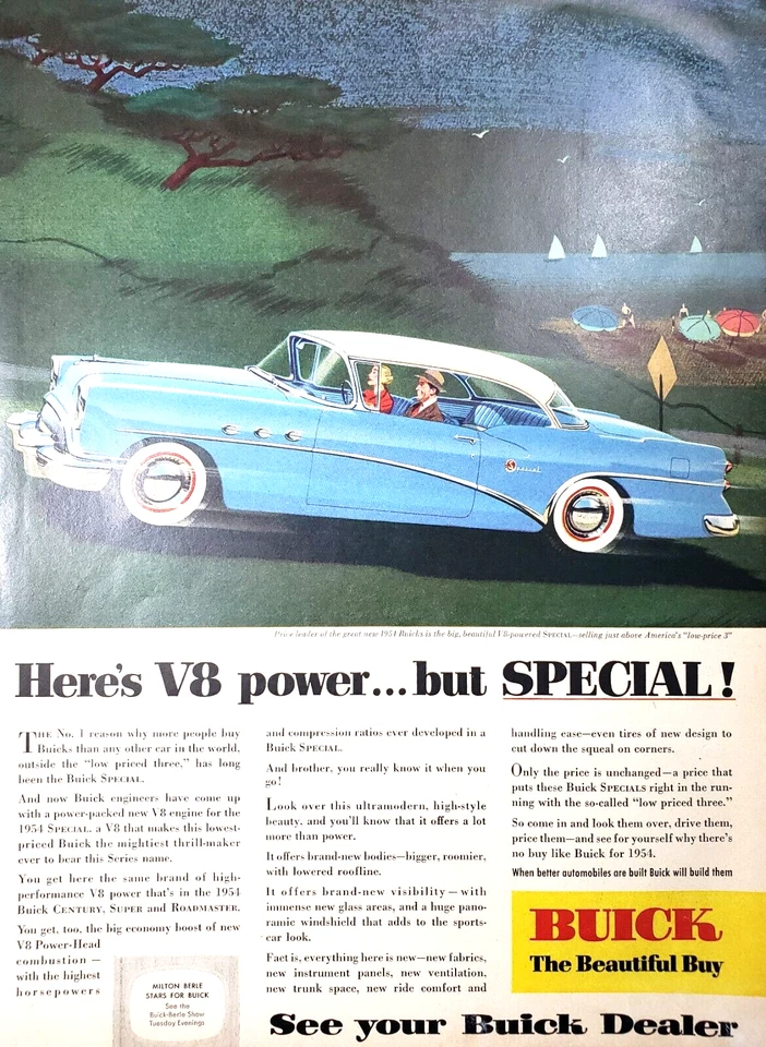 PRINT AD 1954 Buick V8 Powered Special White Wall Tires Blue Old Car 10.5x13 - Image 1 of 1
