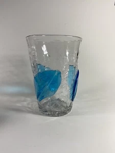 Blenko Kunstglas # 366 klar Crackled Bouquet Vase appliziert blaue Blätter 7" Vintage - Bild 1 von 11
