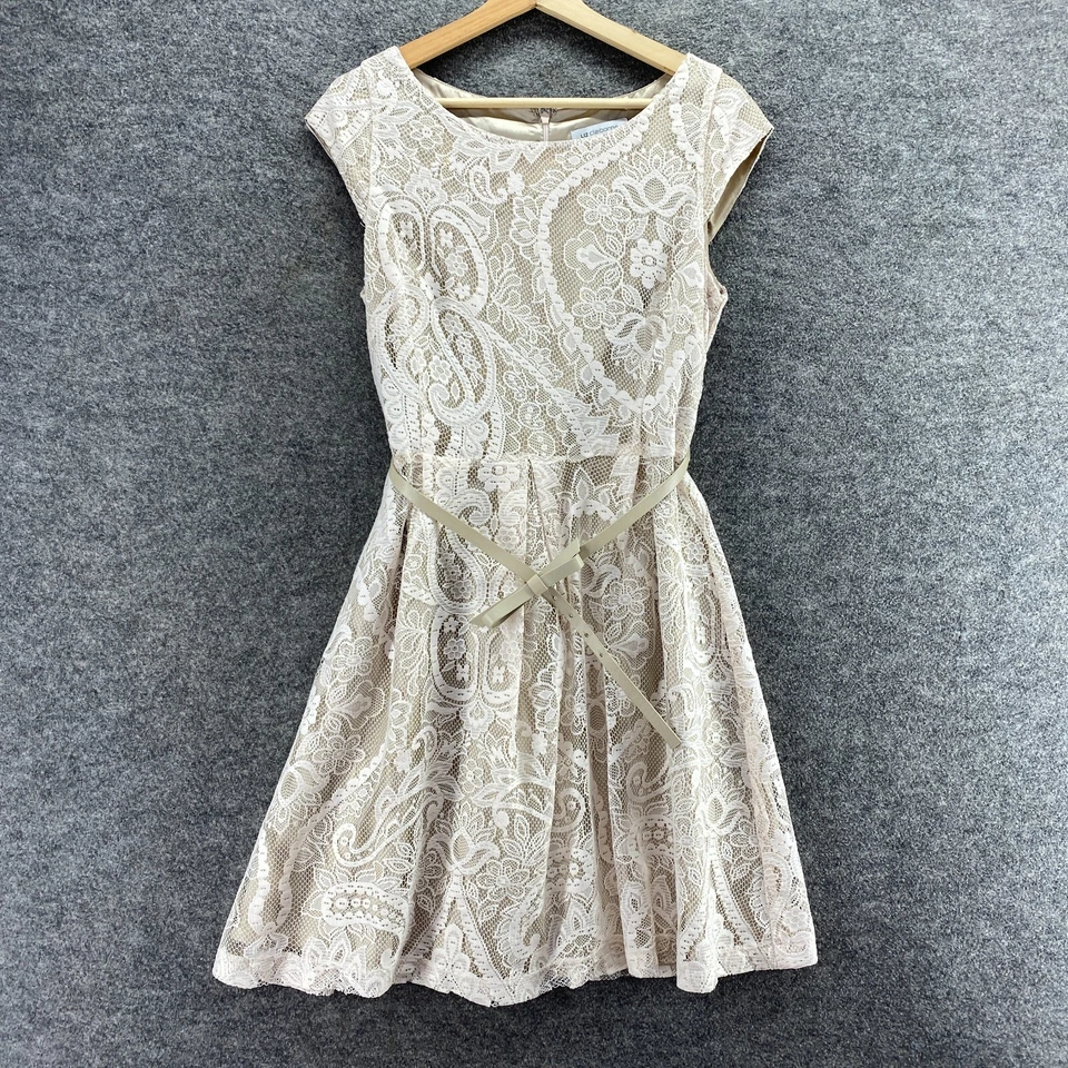 Liz Claiborne Dress Women 10 Beige Floral Sheath Midi Crochet Zipper Belted - Image 1 of 4