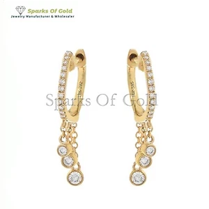 Diamond Bezel Dangling Huggie Earrings 14K Yellow Gold Party Wear Jewelry Gift - Picture 1 of 5