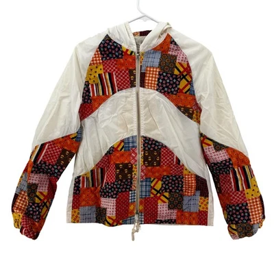 Винтажный пэчворк ветровка куртка женщин 7/8 белый с капюшоном выстеганная Япония 70-х - Изображение 1 из 4