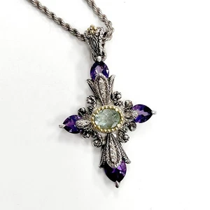 Barbara Bixby 925 / 18k Amethyst grün Flourit Verstärker Kreuz Anhänger Halskette - Bild 1 von 15