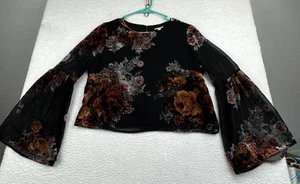 Women's Black Floral Velvet Burnout Top Small Sheer Whimsigoth Black Fairy Goth - Picture 1 of 20
