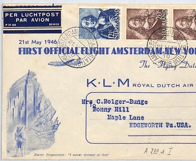 NETHERLANDS Air Mail 1946 Cover KLM *FLYING DUTCHMAN* FIRST FLIGHT USA NYC XT278 - Image 1 of 4