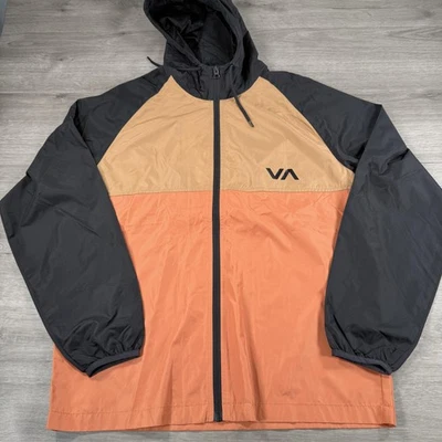 RVCA Jacket Mens Medium Black Tan Ryder Hooded Windbreaker Full Zip Orange - Image 1 of 4