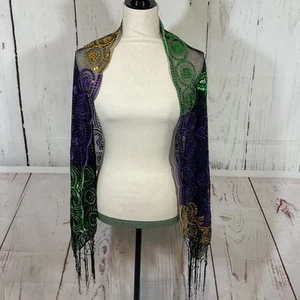 Mardi Gras Fleur de Lis Scarf Shawl Wrap Sheer Sequins Fringe Party Festive - Picture 1 of 18