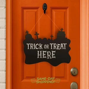 Trick or Treat Acrylic Door Sign Halloween Porch Décor Black or Orange Hanging - Picture 1 of 20