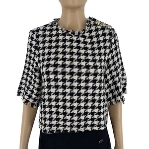 Mango MNG Women Black Houndstooth Tweed Top With Buttons Size S - Picture 1 of 9