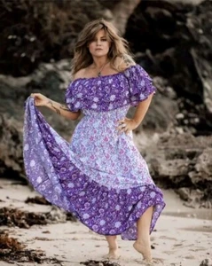 Queen the Label Gypsy Womens Purple Bohemian Blue Off Shoulder Maxi Dress XL 22 - Picture 1 of 10