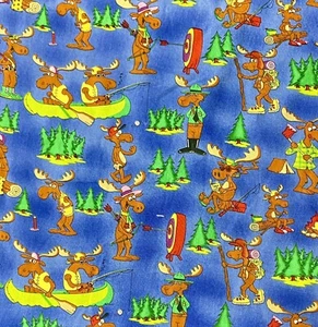 Vintage Chocolate Moose Cotton Fabric Ranger Hunting Fishing Bullwinkle Look - Picture 1 of 2