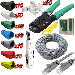 50M RJ45 Cat5e Ethernet LAN Kabel mit Tester Cutter Crimp Down Werkzeug Kit - Bild 1 von 4