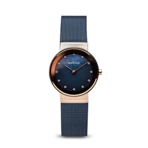 Bering Classic Polished Rose Gold Blue Mesh Swarovski Watch - Picture 1 of 9