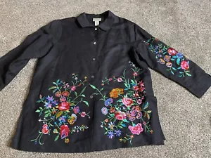Vintage Linea by Louis Dell Olio Embroidered Floral Colorful Black Top Large - Picture 1 of 7