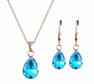 14K GOLD EP PEAR CUT AQUAMARINE SIMULATED NECKLACE BONUS earrings, 20 in CHAIN - Picture 1 of 3