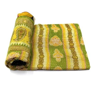 Vintage Kantha Quilt Indian Cotton Bedspread Tropical Bedding Blanket - Picture 1 of 6