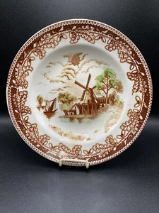 Brown transferware, oak border, acorn pattern, windmill, boat, hand painted - Picture 1 of 3