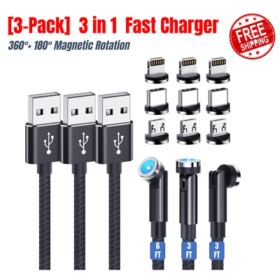 3Pack Magnetic Fast Charging Cable For Iphone Charger USB Type C Samsung Android - Image 1 of 4