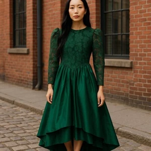 Vintage Formal Party Dress Girls 12 Green Taffeta Tulle Hi Lo Zipper Tie Back - Picture 1 of 10