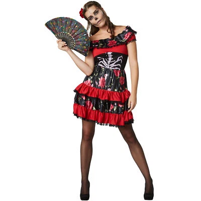 DRESSFORFUN Kostüm Damen Skelett Señorita Fasching Karneval Halloween Kleid Zombie sexy